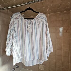 Northern Reflections Women's Boho Blouse Size XL White Blue & Pink Stripes NWT